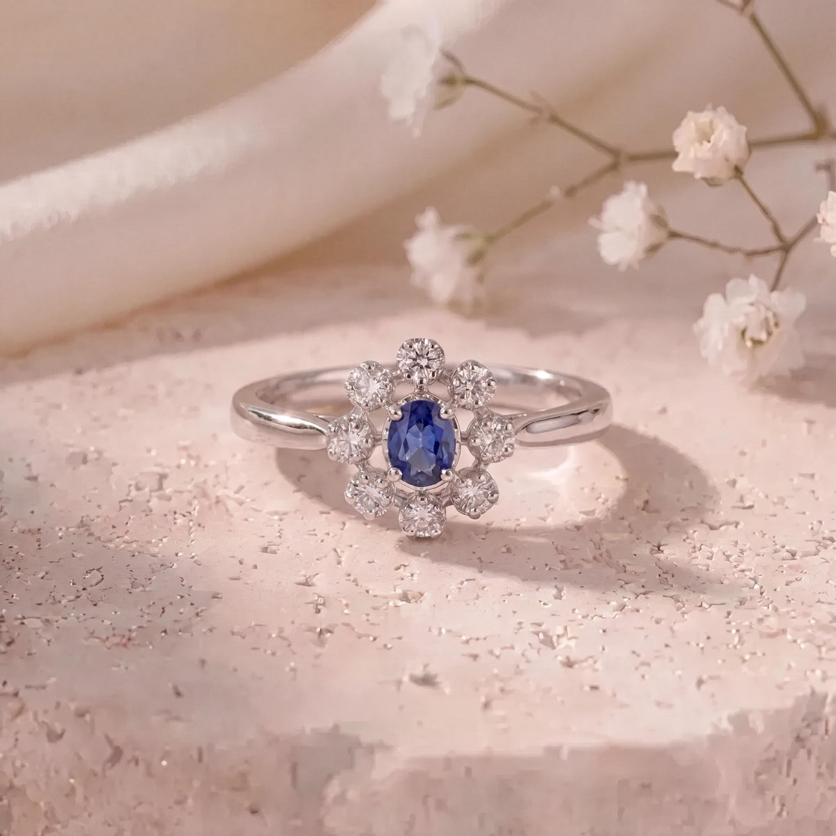 Genuine Sapphire and Diamond Ring｜14k Solid White Gold