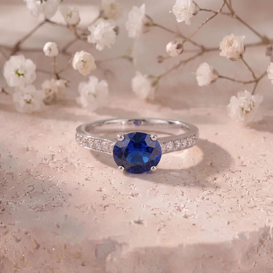 Genuine Sapphire and Diamond Half Eternity Ring | 14k Solid White Gold