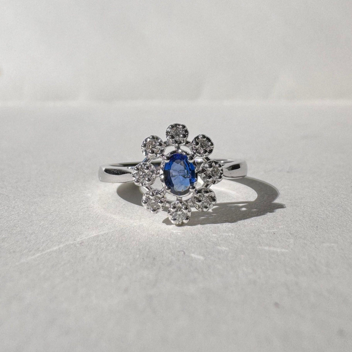 Genuine Sapphire and Diamond Ring｜14k Solid White Gold
