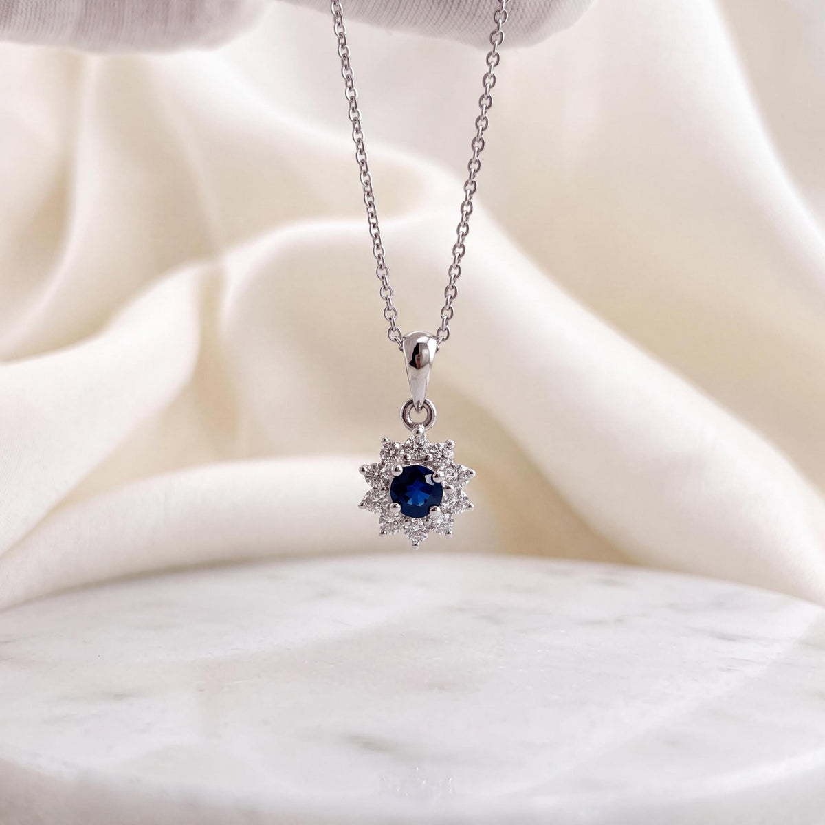 Genuine Sapphire and Diamond Sun Halo Pendant Necklace, 18k Solid White Gold, September Birthstone, Gift for Her