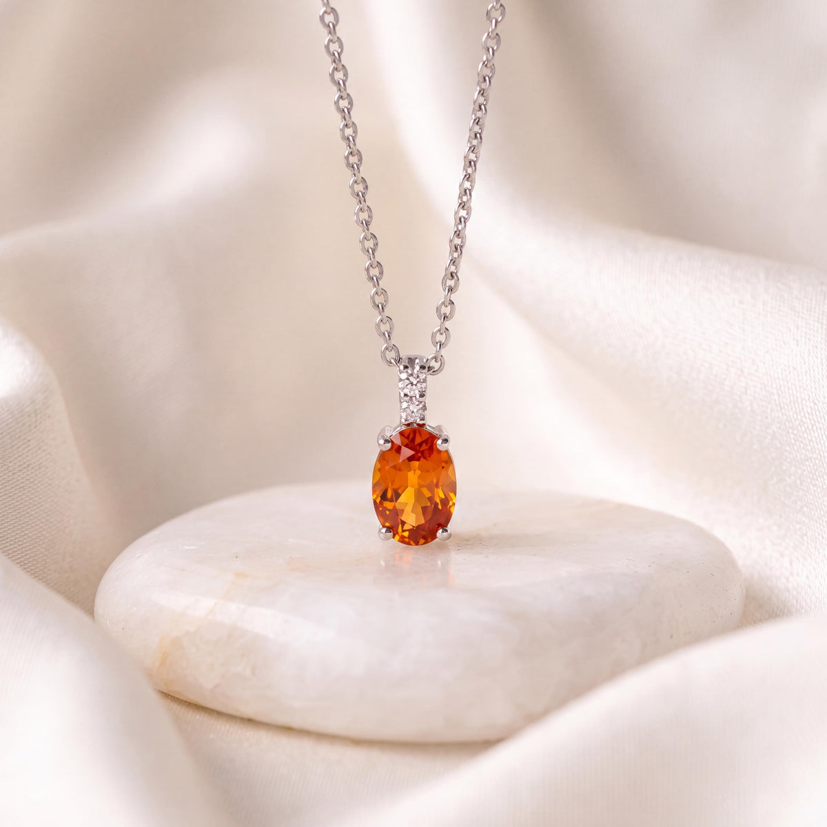 Genuine Orange Sapphire and Diamond in 18k Gold Pendant