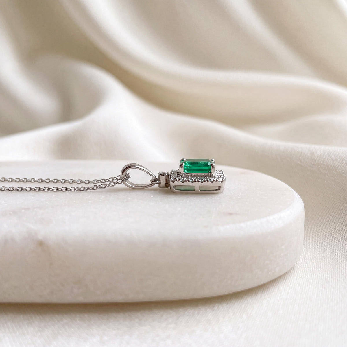 Genuine Oval Cut Emerald and Diamond Prism Pendant / 14k Solid Gold