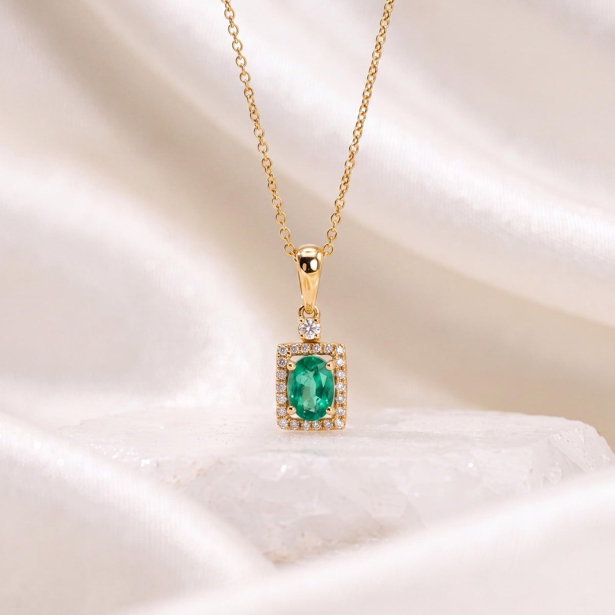 Genuine Oval Cut Emerald and Diamond Prism Pendant / 14k Solid Gold