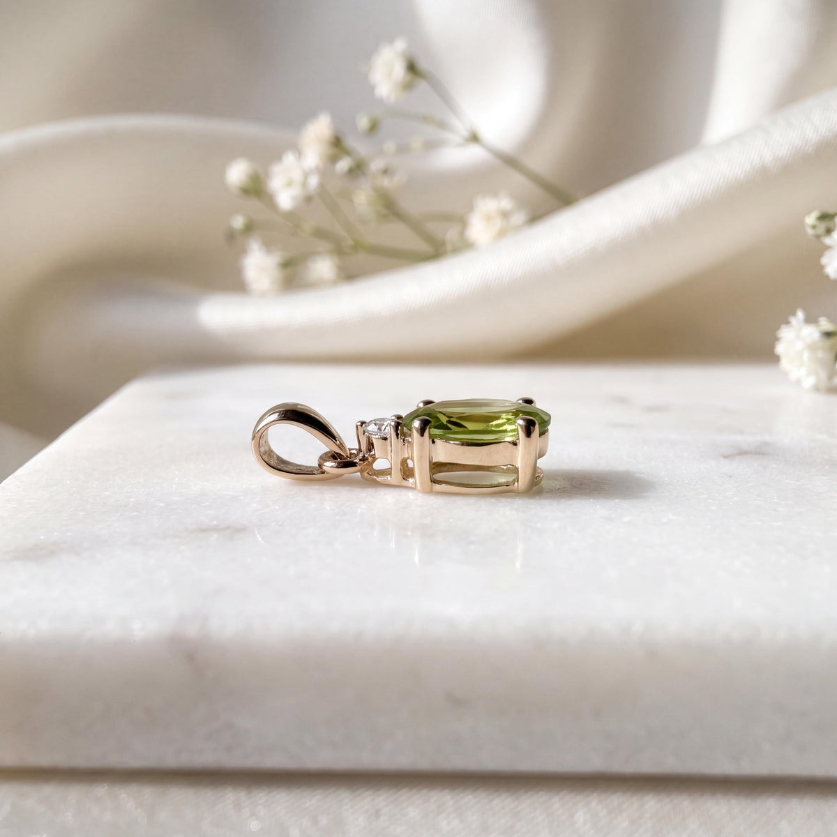 Genuine Peridot and Diamond Oval Cut Pendant / 14k Solid Gold