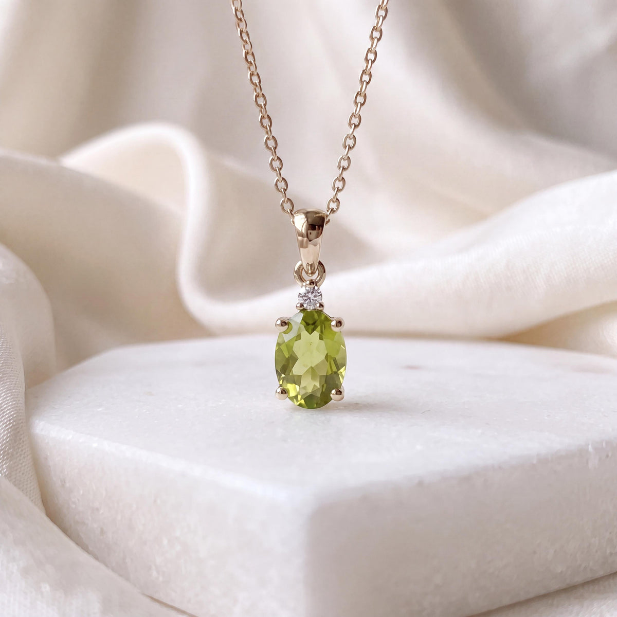 Genuine Peridot and Diamond Oval Cut Pendant / 14k Solid Gold