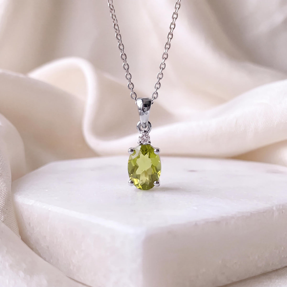 Genuine Peridot and Diamond Oval Cut Pendant / 14k Solid Gold