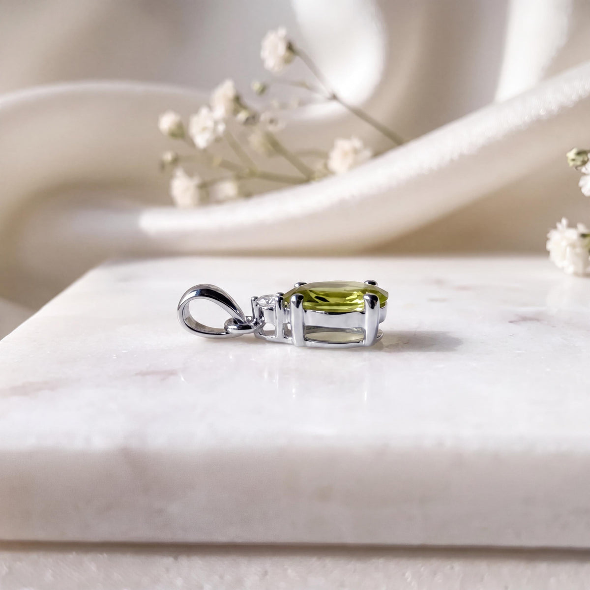 Genuine Peridot and Diamond Oval Cut Pendant / 14k Solid Gold