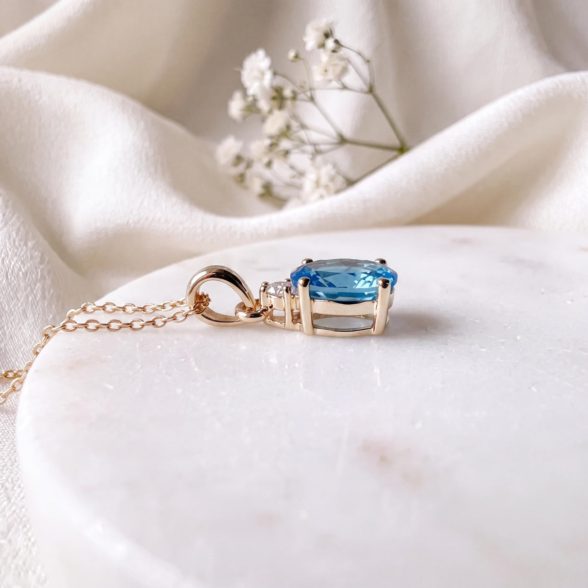 Genuine Blue Topaz and Diamond Oval Cut Pendant / 14k Solid Gold
