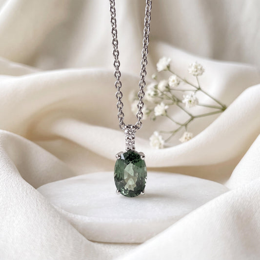 Genuine Green Sapphire and Diamond Oval Cut Pendant | 14k Solid Gold
