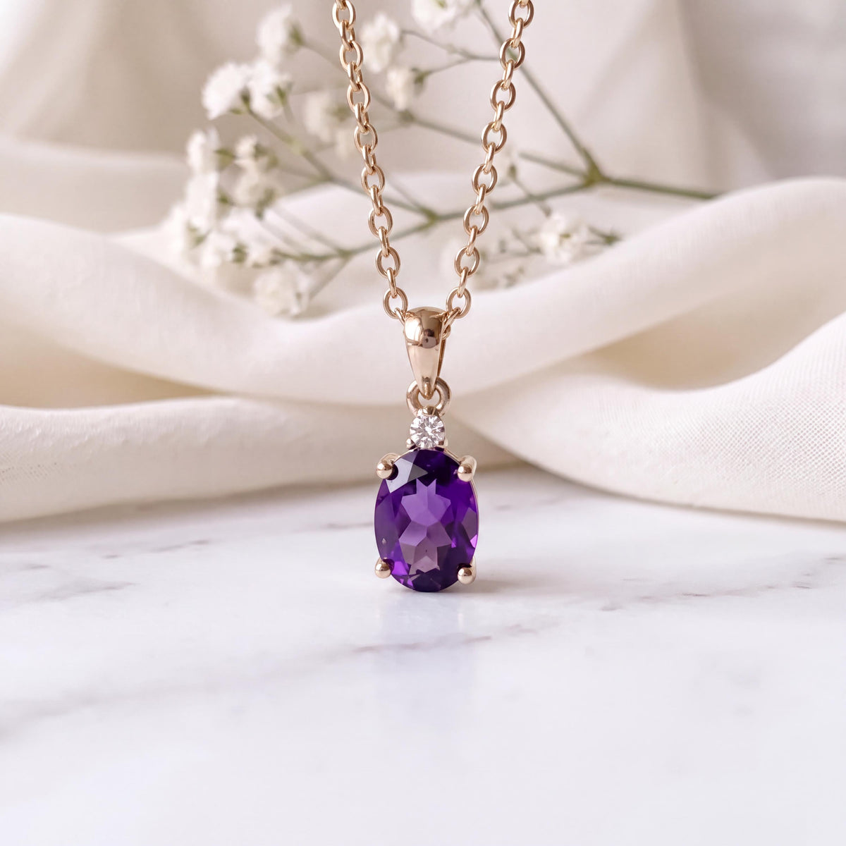 Genuine Amethyst and Diamond Oval Cut Pendant | 14k Solid Gold
