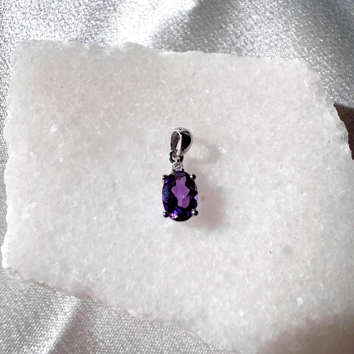Genuine Amethyst and Diamond Oval Cut Pendant | 14k Solid Gold