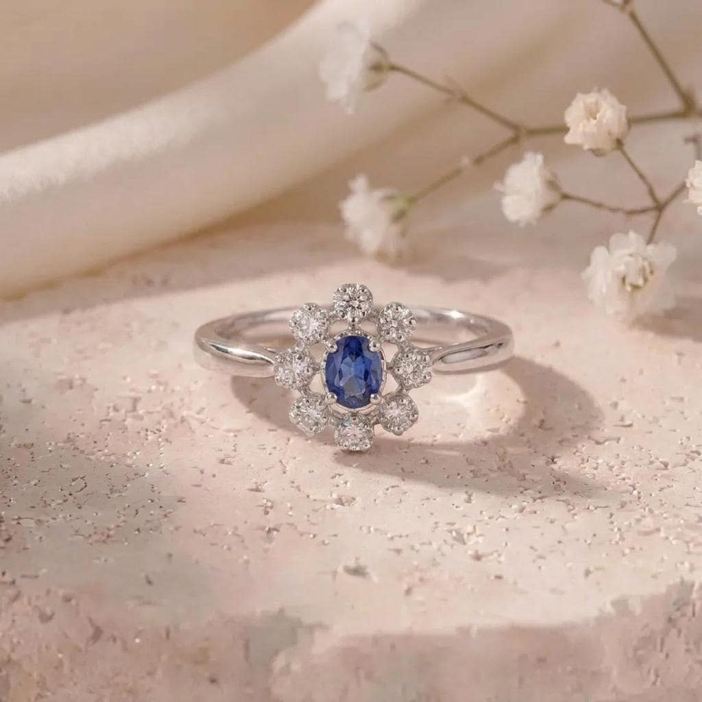 Genuine Sapphire and Diamond Ring｜14k Solid White Gold