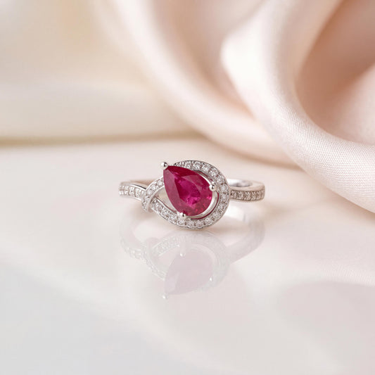 Genuine Ruby and Diamond Teardrop Ring in 14k White Gold