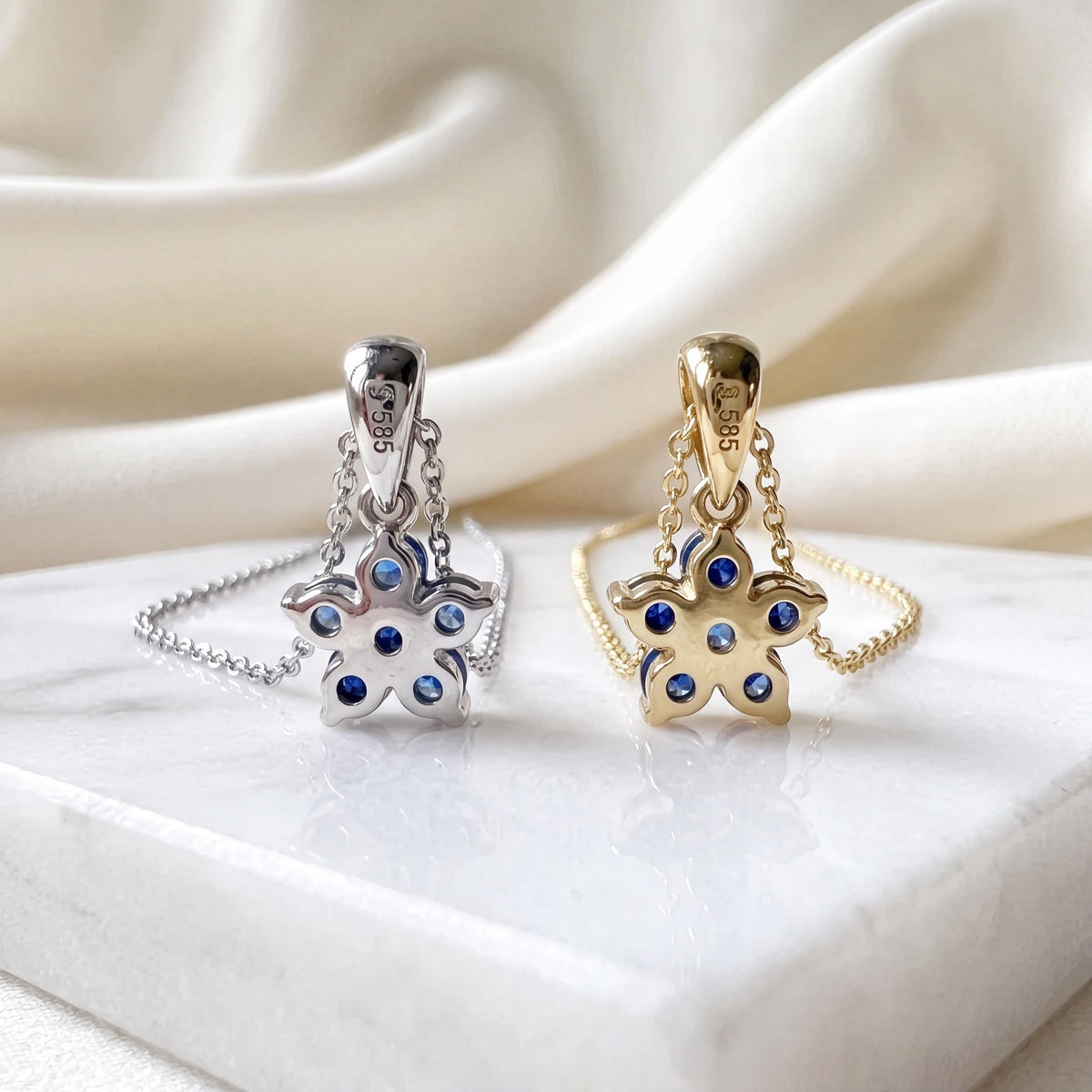 Genuine Sapphire and Diamond Flower Pendant (Mini) in 14k Solid Gold