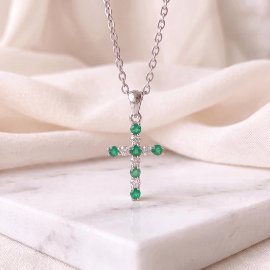 Genuine Emerald and Diamond Cross Pendant in 14k Solid White Gold