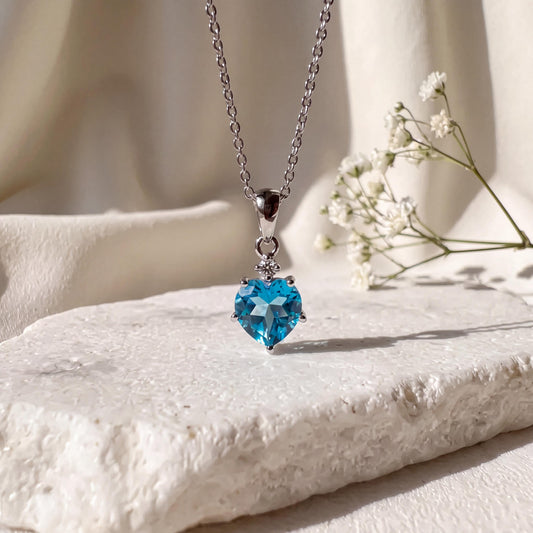 Genuine Blue Topaz and Diamond Heart Pendant | 14k Solid Gold