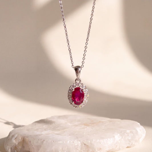 Genuine Oval Cut Ruby and Diamond Halo Pendant | 18k Solid Gold