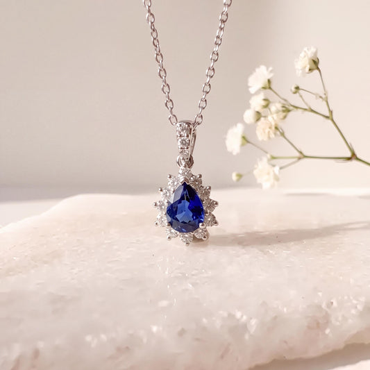 Genuine Halo Teardrop Sapphire and Diamond Pendant | 18k Solid Gold