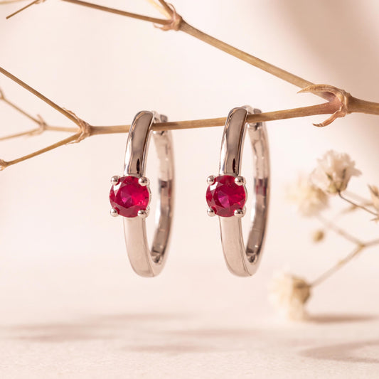 Genuine Ruby Mini Huggie Hoop Earrings in 14k Solid White Gold