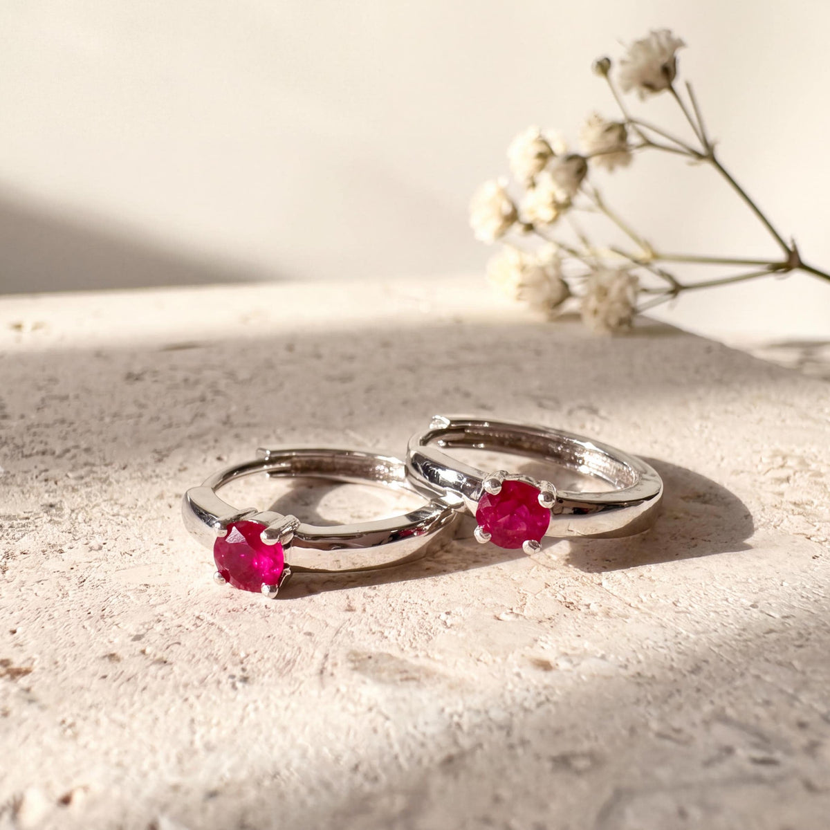Genuine Ruby Mini Huggie Hoop Earrings in 14k Solid White Gold