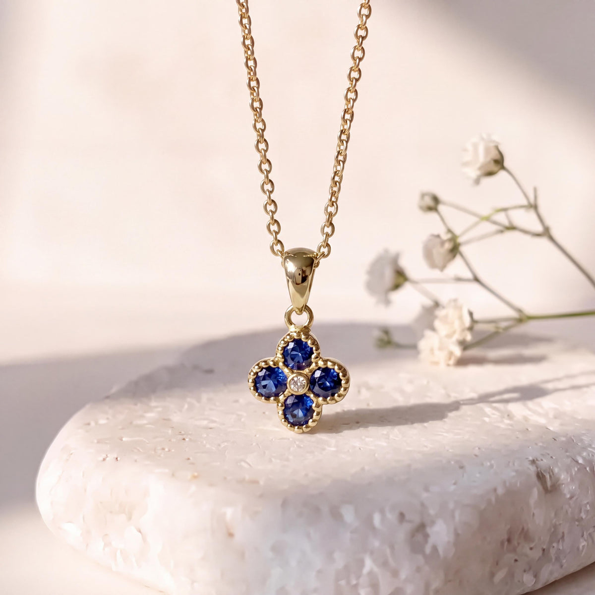 Genuine Sapphire and Diamond Clover Pendant (Mini), 14k Solid Gold Necklace, September Birthstone, Gift for Her