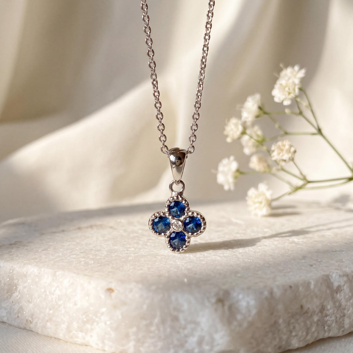 Genuine Sapphire and Diamond Clover Pendant (Mini), 14k Solid Gold Necklace, September Birthstone, Gift for Her