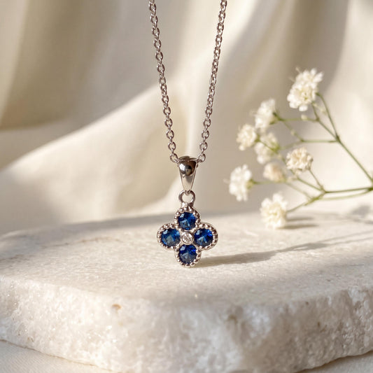 Genuine Sapphire and Diamond Clover Pendant (Mini), 14k Solid Gold Necklace, September Birthstone, Gift for Her