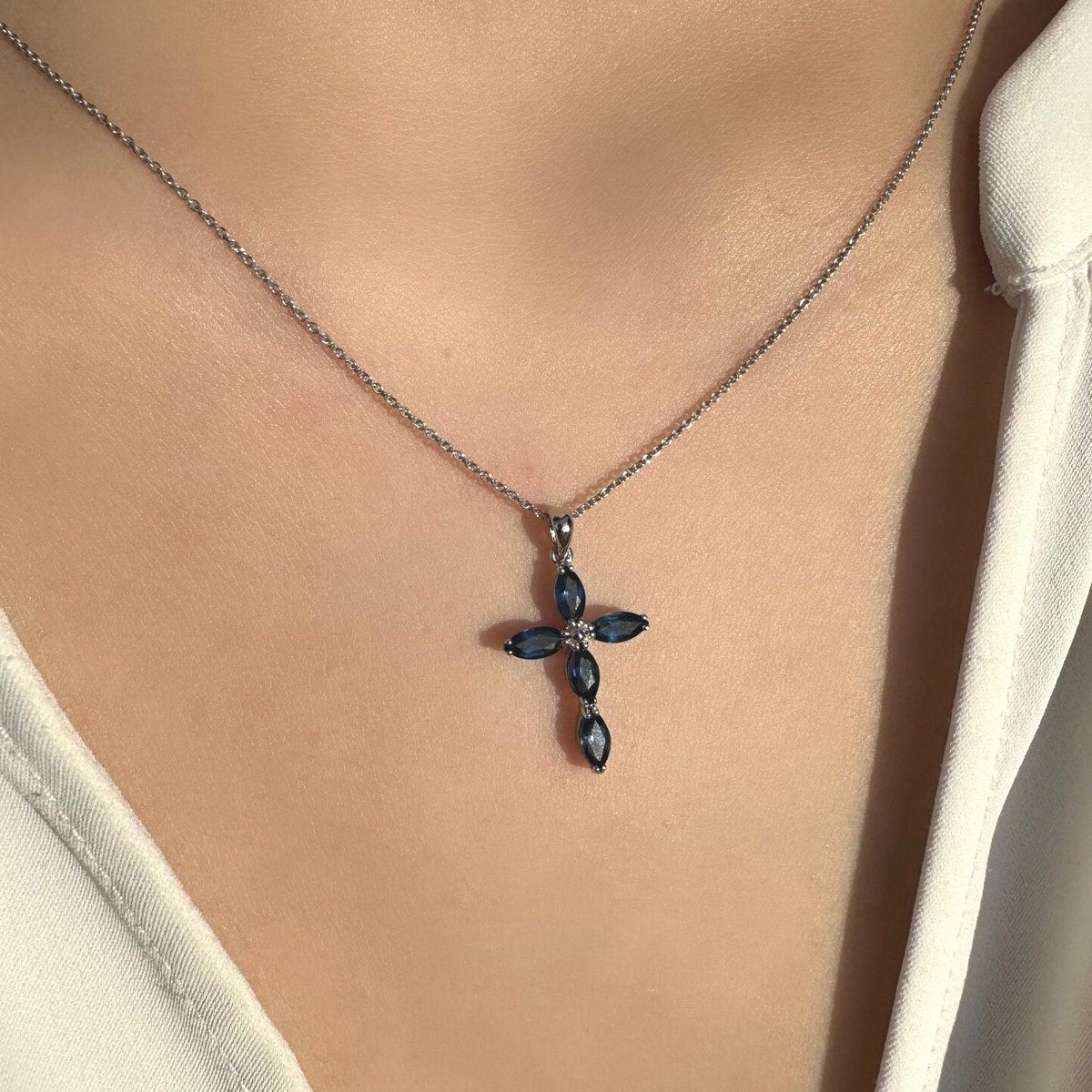 Genuine Oval Cut Sapphire Cross Pendant | 14k Solid Gold