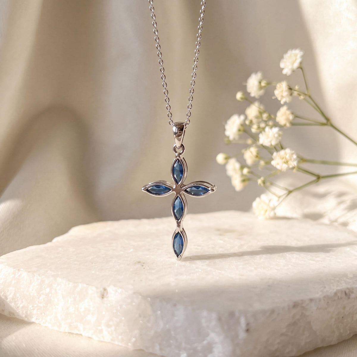 Genuine Oval Cut Sapphire Cross Pendant | 14k Solid Gold