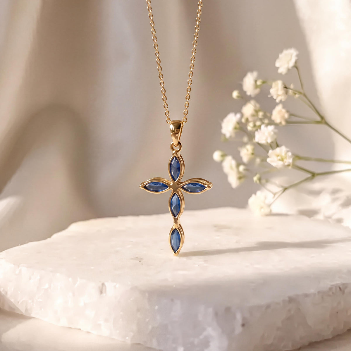 Genuine Oval Cut Sapphire Cross Pendant | 14k Solid Gold