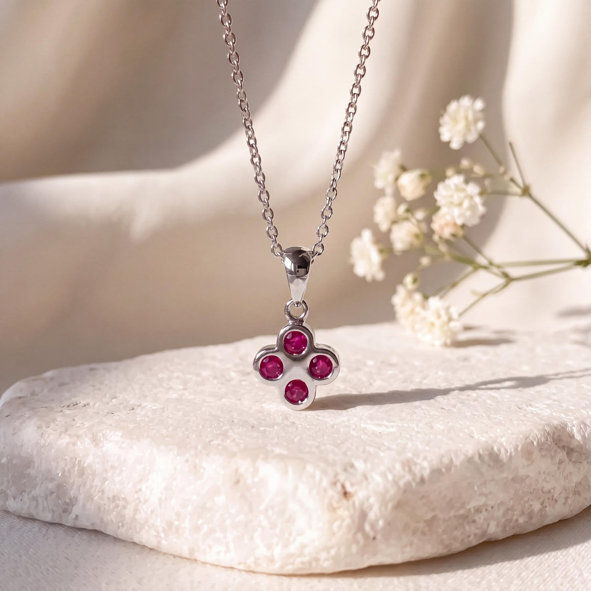 Genuine Ruby Diamond Mini Clover Pendant, 14k Solid Gold, July Birthstone