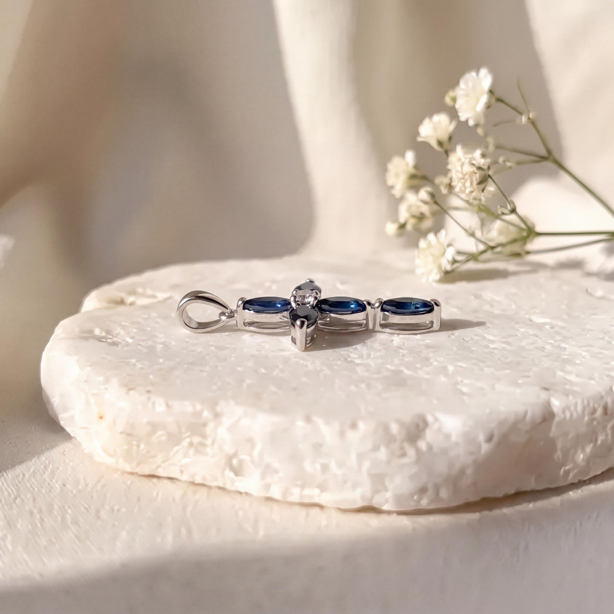 Genuine Oval Cut Sapphire Cross Pendant | 14k Solid Gold