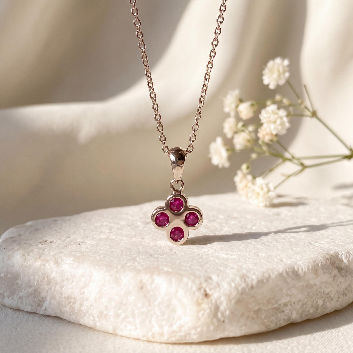 Genuine Ruby Diamond Mini Clover Pendant, 14k Solid Gold, July Birthstone