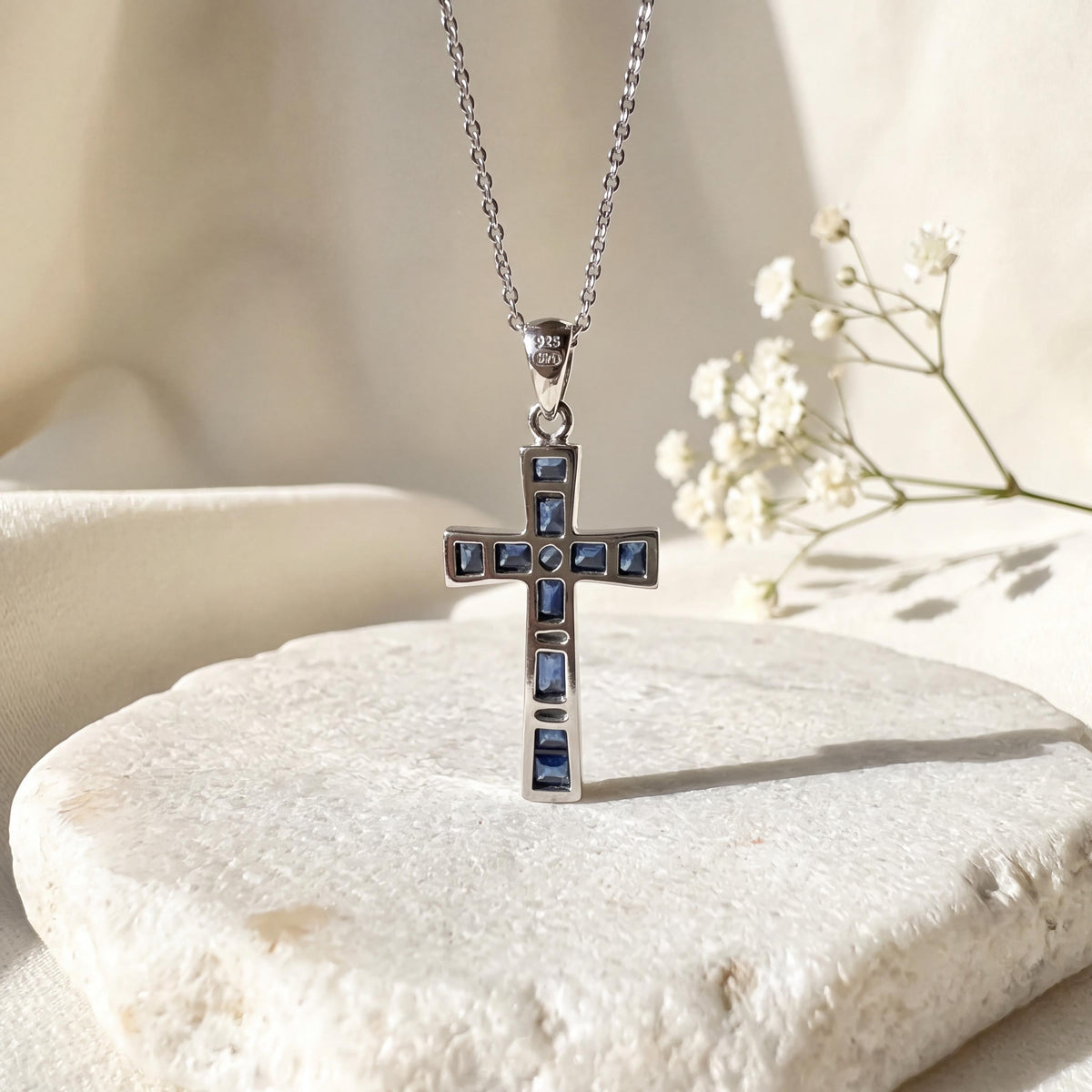 Genuine Sapphire Tapered Cross Pendant, 18k Solid Gold, September Birthstone, Gift for Her