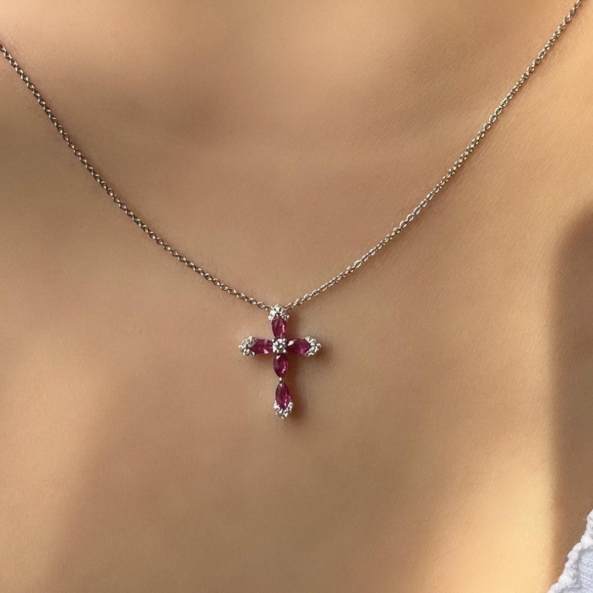 Genuine Ruby and Diamond Marquise Cross Pendant, 14k Solid Gold, July Birthstone, Gift for Her