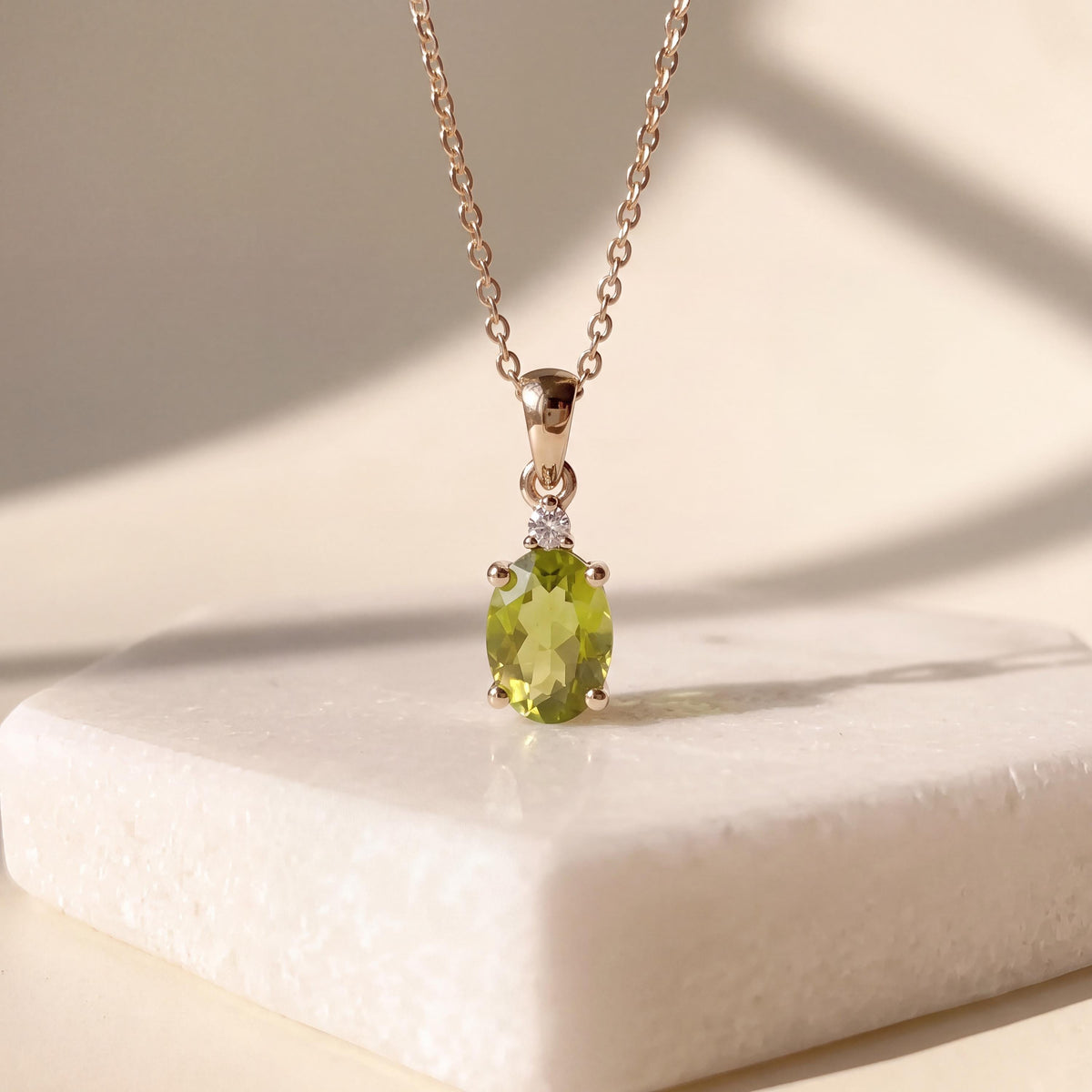Genuine Peridot and Diamond Oval Cut Pendant / 14k Solid Gold