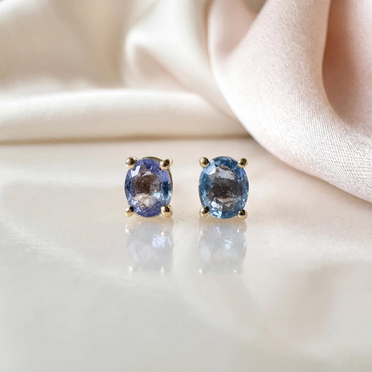 Genuine Ceylon Sapphire Oval Cut Solitaire Stud Earrings in 14K Solid Gold
