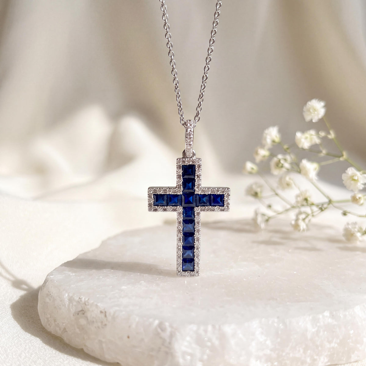 Genuine Sapphire and Diamond Tapered Cross Pendant | 14k Solid Gold