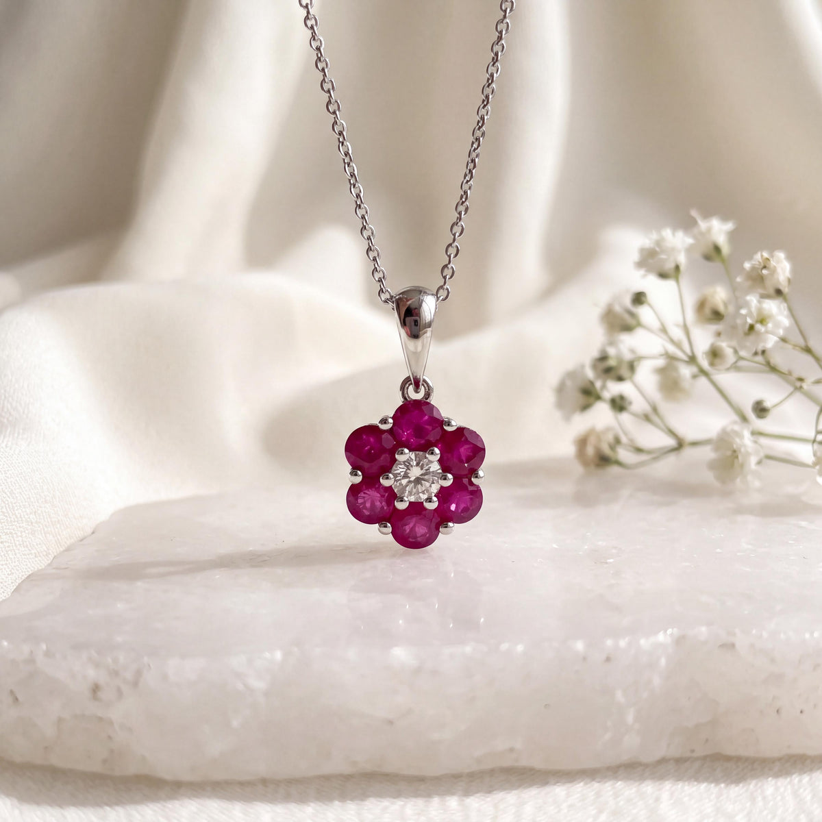Genuine Round Rubies and Diamond Flower Pendant | 18k Solid Gold