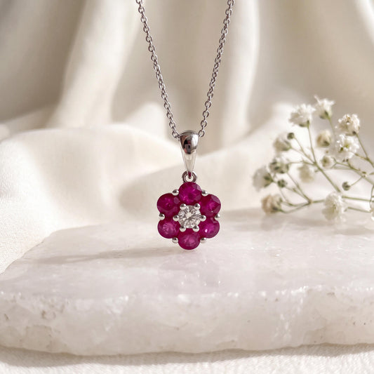 Genuine Round Rubies and Diamond Flower Pendant | 18k Solid Gold