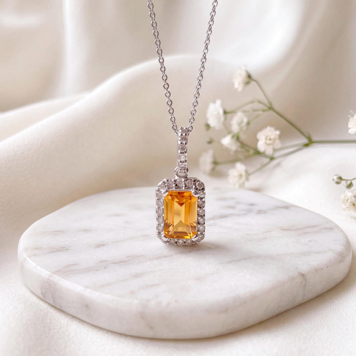 Citrine Diamond Pendant, Genuine Emerald Cut, 14k Solid White Gold Necklace, November Birthstone, Gift for Her