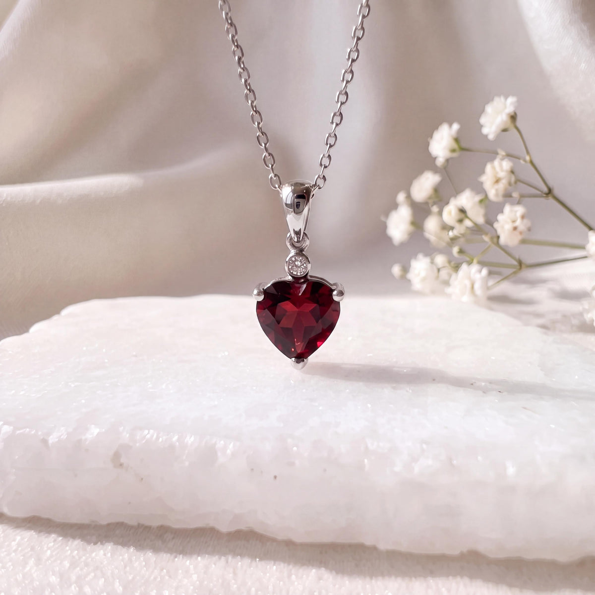 Genuine Garnet and Diamond Heart Pendant, 14k Solid Gold, January Birthstone, Gift for Her