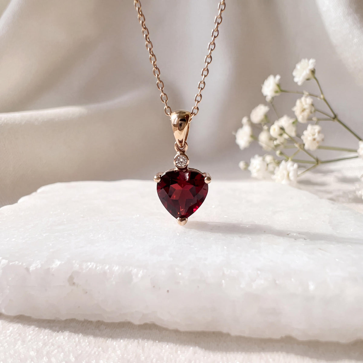Genuine Garnet and Diamond Heart Pendant, 14k Solid Gold, January Birthstone, Gift for Her