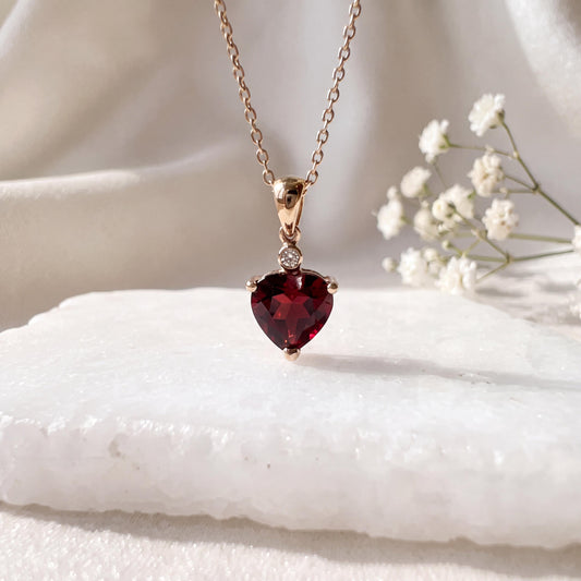 Genuine Garnet and Diamond Heart Pendant, 14k Solid Gold, January Birthstone, Gift for Her