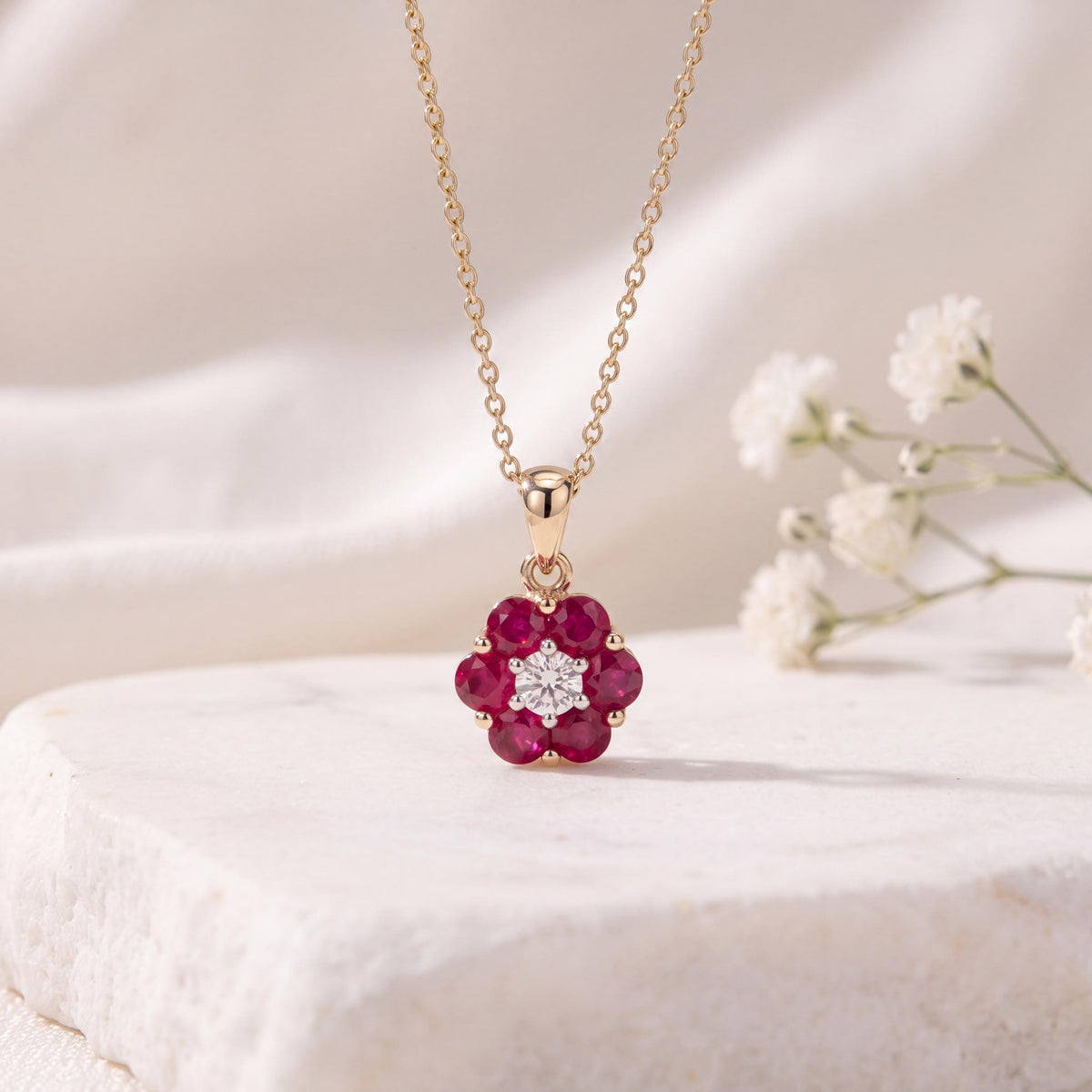 Genuine Ruby and Diamond Flower Pendant in 14k Solid Gold