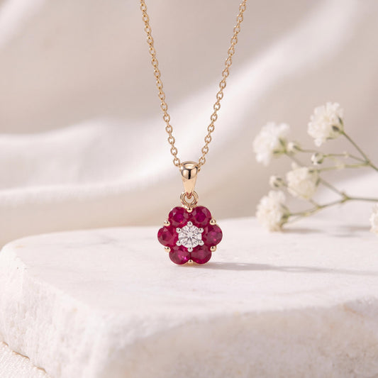 Genuine Ruby and Diamond Flower Pendant in 14k Solid Gold