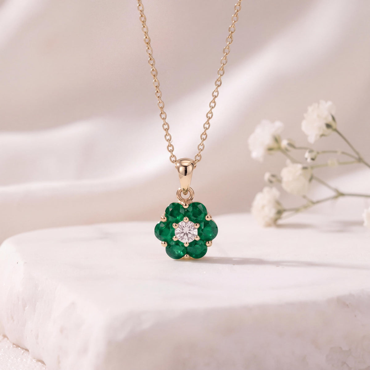 Genuine Emerald and Diamond Flower Pendant | 14k Solid Gold