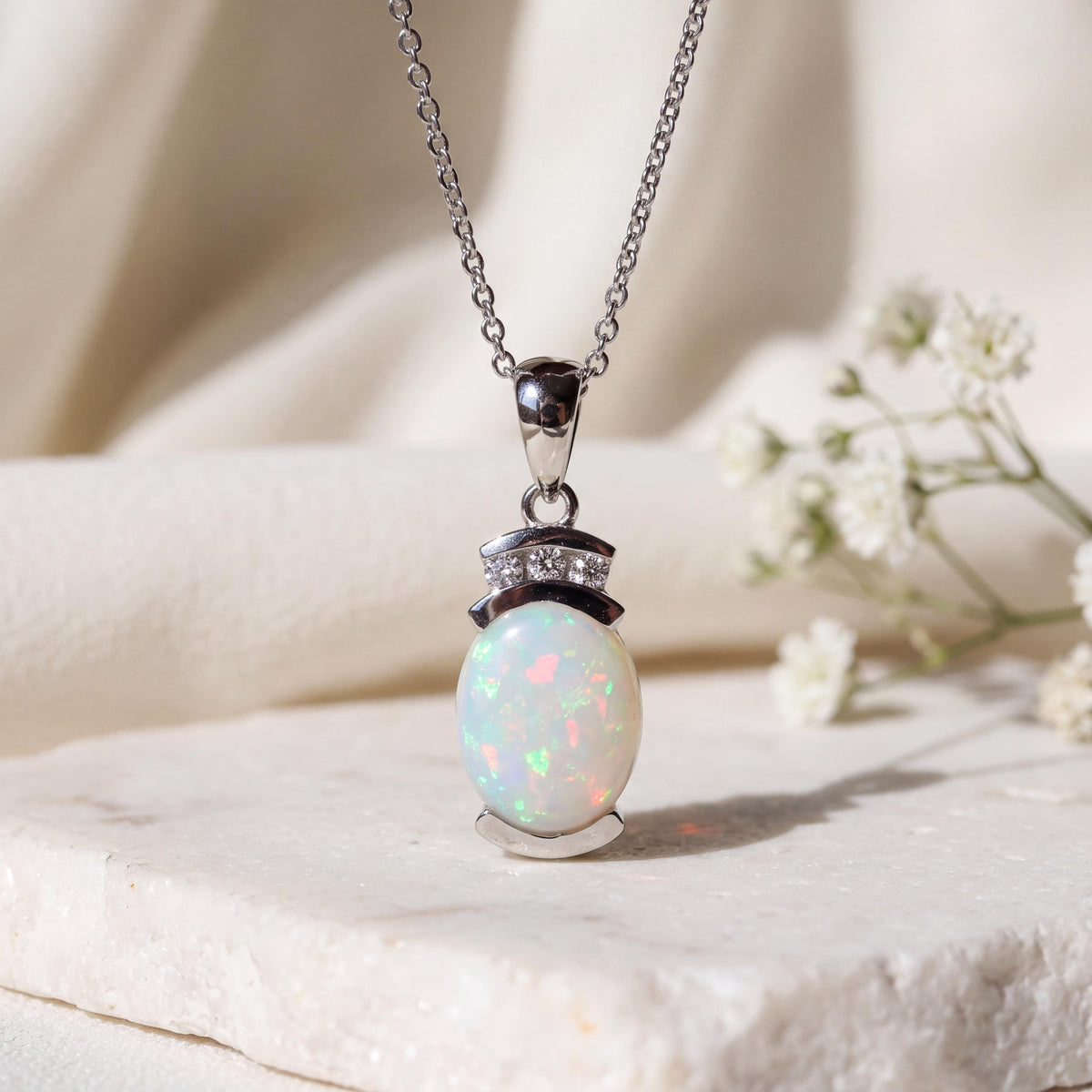 Genuine Oval Cut Opal and Diamond Pendant in 14k Solid Gold