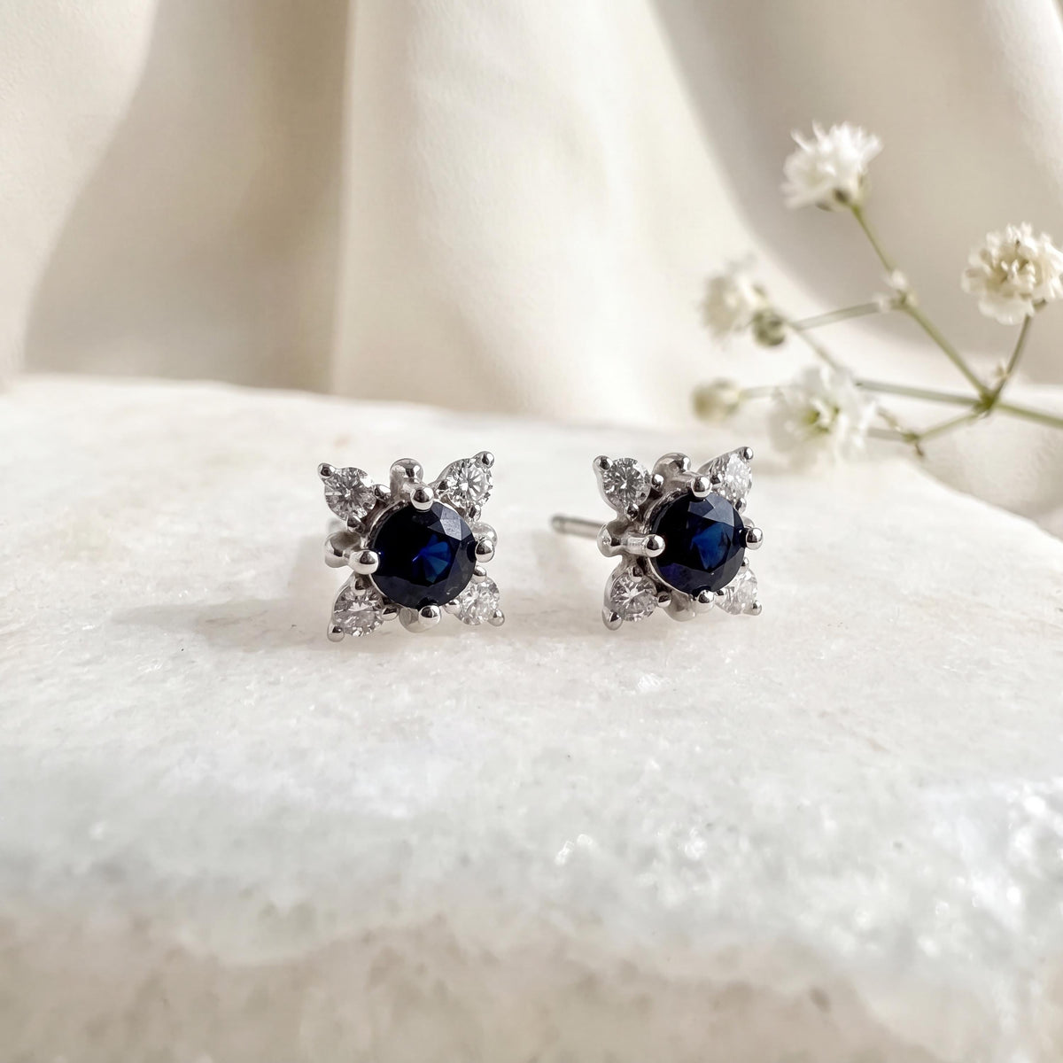 Genuine Round Sapphire and Diamond Earrings in 18k Solid White Gold