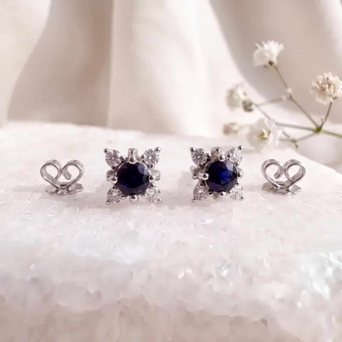 Genuine Round Sapphire and Diamond Earrings in 18k Solid White Gold
